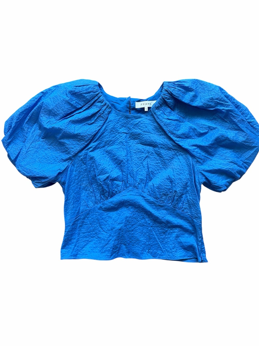 Frame Denim Bright Blue Puff Sleeve Cropped Blouse